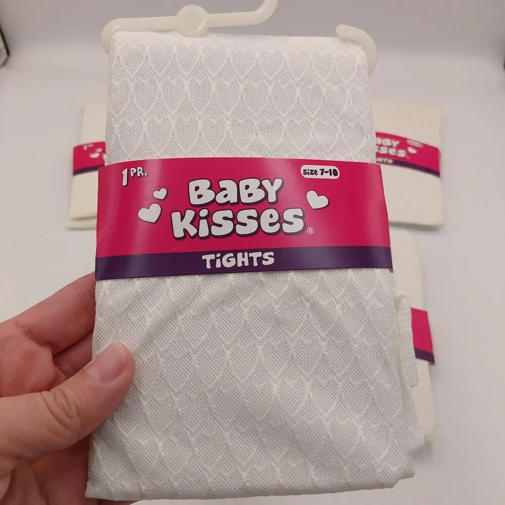 Baby Kisses Tights white Pantyhose Pack of 5, Size 7-10 Hearts Pattern Nylon